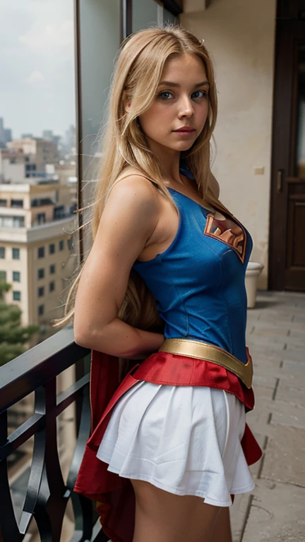 ((melhor qualidade, obra de arte, Absurdo)),1 menina:1.9, sexy, ( 1, olhos azuis expressivos, cabelo loiro na altura dos ombros, cabelo longo,Cabelo solto e fofo),Cosplay vestido de Supergirl (Super Girl Suite RPG personalizado), Saia vermelha mais curta,claro, Terraço em 1 edifício, Supergirl, decote, tanga minúscula, grande ,  grande butt, terninho minúsculo, pose de herói sexy, mamilos duros, pele suada, peito lateral