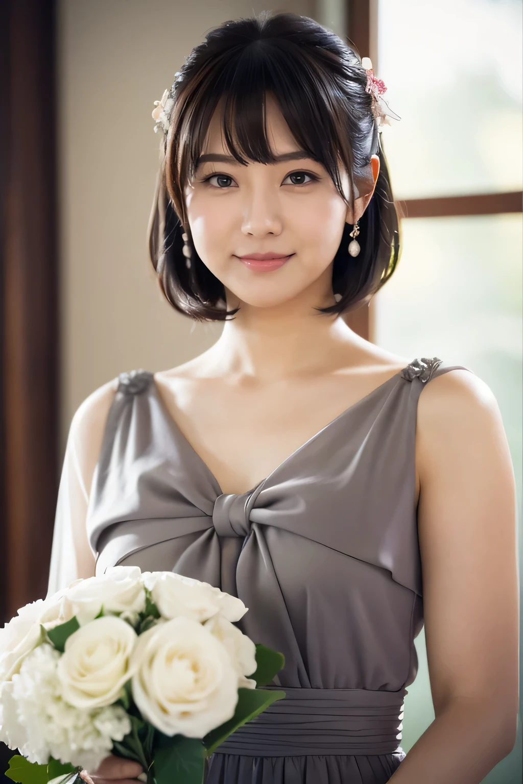 Medium View, Medium Shot, Written boundary depth, bust, Upper Body, Cinematic Angles, masterpiece, highest quality, Very detailed, cg, 8K Wallpaper, Beautiful Face, Delicate eyes, Otome, alone, smile, bangs, have,gray colored dresses, bow, petal, bouquet