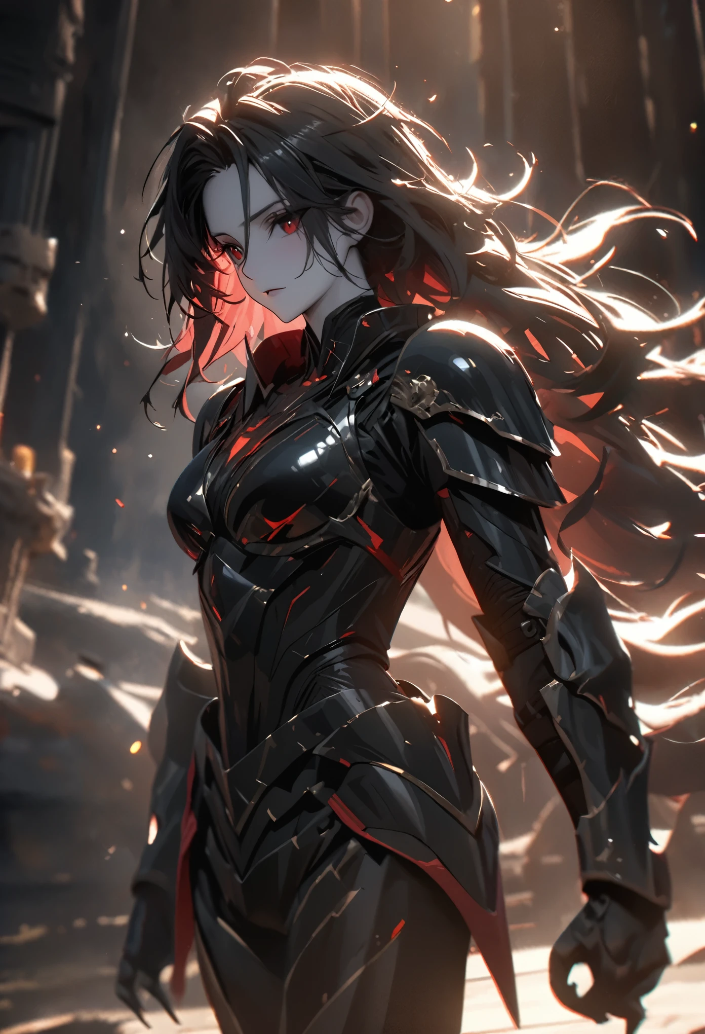 (solo), black hair, messy hair, mane hair, extra long hair, dense hair, wild hair, expressive hair, mature,(25 year old), pale skin, red eyes, wearing a black armor, armored arms, armored legs, claws,, beautiful, attractive, eye reflection, depth of field, thunder aura,cinematic lighting, ray tracing, depth of field, cinematic lighting, ray tracing, UHD, high details, best quality, highres, high quality, award winning, super detail, masterpiece, 8k, UHD, high details, best quality, highres, high quality, award winning, super detail, masterpiece, 8k, digital art, anime coloring, body shot, good face, perfect face, detailed face, good eyes