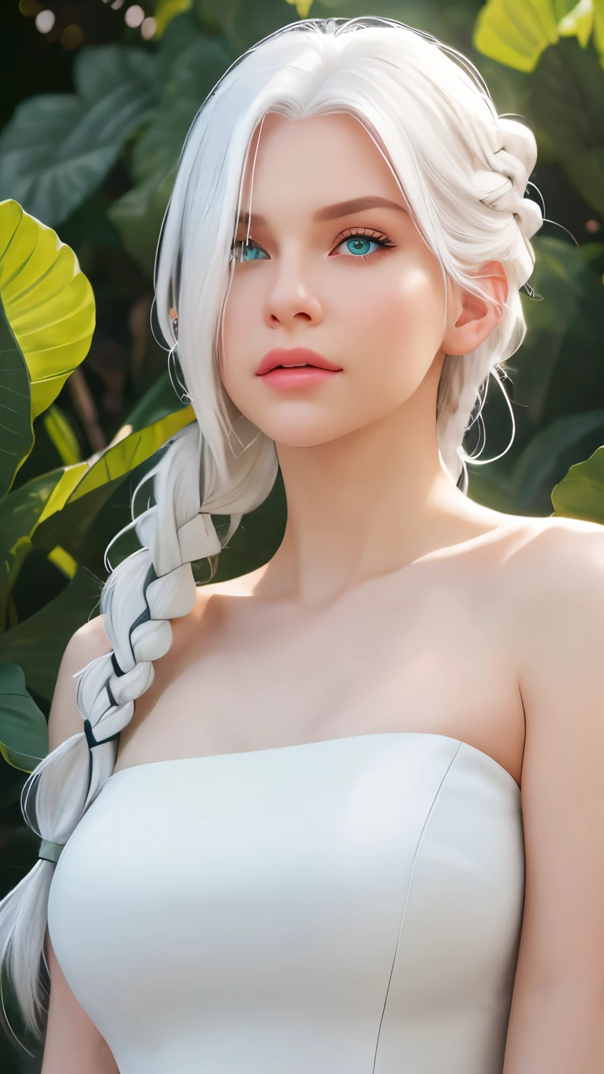 best quality, masterpiece, white hair, green eyes, white clothes, looking up, upper body, hair strand, Fair skin, side braids, Photorealism, Photography, Realistic Detail, Depth of field, 8k, Full HD, 3d, Super resolution
