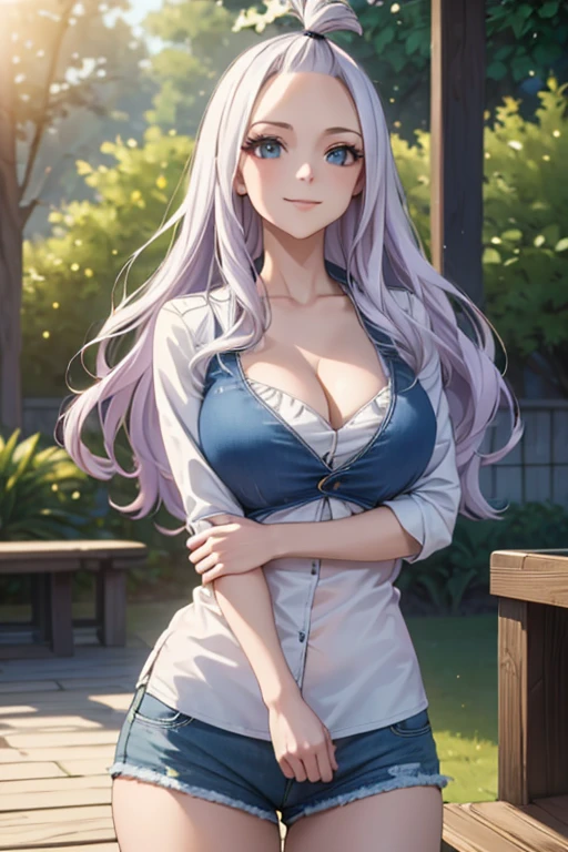 (best quality,4k,8k,highres,masterpiece:1.2),ultra-detailed,realistic,photorealistic:1.37,  Mirajane Strauss, with a beautiful smile, wearing a chadres shirt and denim shorts 