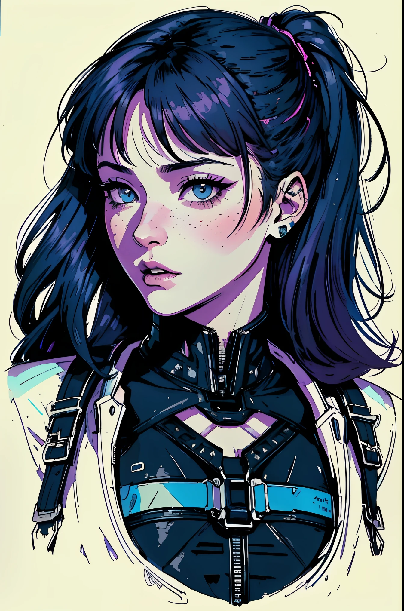 (best quality, sketch:1.2), (ultra details ayes), epic realistic,illustrator,anime,1 women,hdr, detailed lips,custom, bad women, details, neon-blue gradient, ((background dark monochrome)), purple hair,textured cropping, masterpiece, style retro classic, stocking suspenders, ultra details, background dynamic chaos