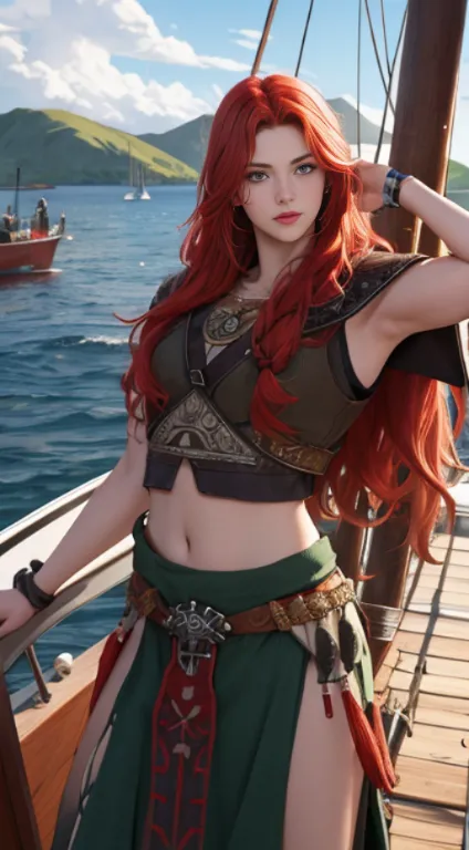 a viking warrior, long wavy red hair, green eyes, thin lips, round face, wearing viking armor, muscular and strong, sensual and ...