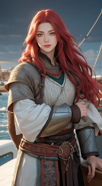 a viking warrior, long wavy red hair, green eyes, thin lips, round face, wearing viking armor, muscular and strong, sensual and ...