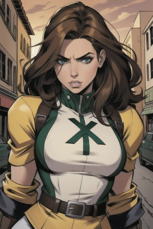 masterpiece, Best Quality, 1 girl, Red lips, Alone, bomber jacket, Brown eyes, green and yellow body suit, wavy fur, multicolobrown hair, by white, brown hair, brown hair, two tone hair,ombre , Rogue of the X-men, Anna Lebeau, hits, side lighting, thin and brown skin, portrait, Super Hero,best illustration, city background,