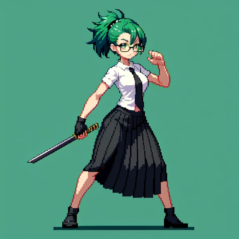 (obra de arte, qualidade superior, melhor qualidade), pixel,arte de pixel,1 garota,Katana,copos,camisa preta,Saia longa preta,cabelo verde,poder do soco,corpo todo, 
 