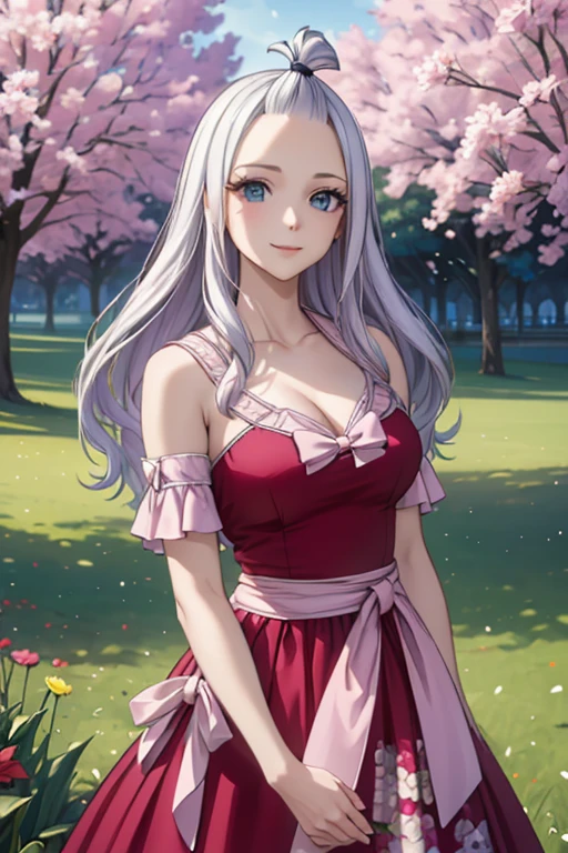 (melhor qualidade,4K,8K,alta resolução,obra de arte:1.2),Ultra-detalhado,realista,photorealista:1.37, Mirajane Strauss, com um lindo sorriso, em um campo de flores, usando um vestido com estampa floral 