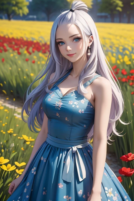 (melhor qualidade,4K,8K,alta resolução,obra de arte:1.2),Ultra-detalhado,realista,photorealista:1.37, Mirajane Strauss, com um lindo sorriso, em um campo de flores, usando um vestido com estampa floral 