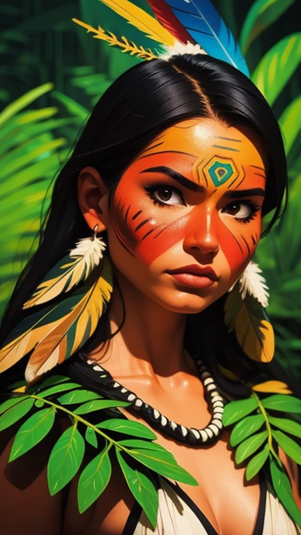 Arte em quadrinhos, pintura digital. A beautiful indigenous girl in native with feathers and feathers on her head, Amazonian indigenous peoples in Brazil, linda jovem feminina brasileira nativa, pintar o rosto, corpo quente, Yanomami Indian in typical costumes,alta qualidade. Amazon rainforest and river bottom. cores vivas, cinematic lighting. detalhado, intrincado, detalhado face.