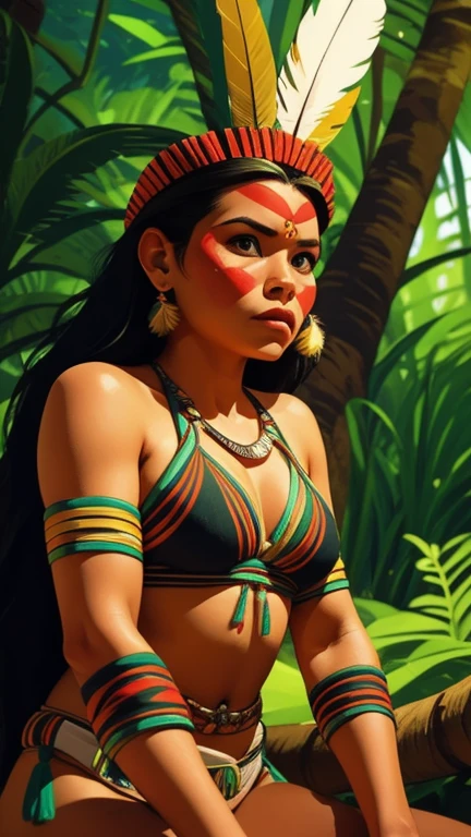 Arte em quadrinhos, pintura digital. A beautiful indigenous girl in native with feathers and feathers on her head, Amazonian indigenous peoples in Brazil, linda jovem feminina brasileira nativa, pintar o rosto, corpo inteiro, warrior position, corpo quente, Yanomami Indian in typical costumes,alta qualidade. Amazon rainforest and river bottom. cores vivas, cinematic lighting. detalhado, intrincado, detalhado face.