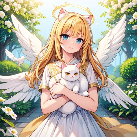 an angel with large wings, holding a small cat, a halo above its head, surrounded by soft golden light, in a peaceful garden, wi...