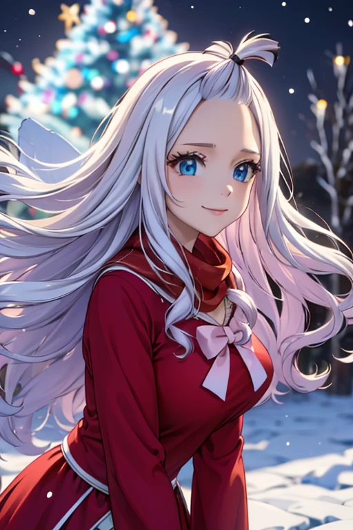 (best quality,4k,8k,highres,masterpiece:1.2),ultra-detailed,realistic,photorealistic:1.37,Mirajane Strauss,santa claus costume,beautiful smile,detailed eyes,longeyelashes,pure white background,presents,colorful Christmas lights,cute Christmas decorations,soft warm lighting,bright red Santa hat,sparkling ornaments,golden bells,vibrant colors,joyful atmosphere,cheerful expression,happy holiday spirit,celebration,winter wonderland,snowflakes gently falling,magical ambiance,dreamy and enchanting scenery,soft snow-covered ground,cosy woolen scarf and gloves,funny reindeer antlers,sparkling snow,shimmering glitter,shining star atop the Christmas tree,brilliantly illuminated windows,festive mood,happiness and excitement,warm and inviting.