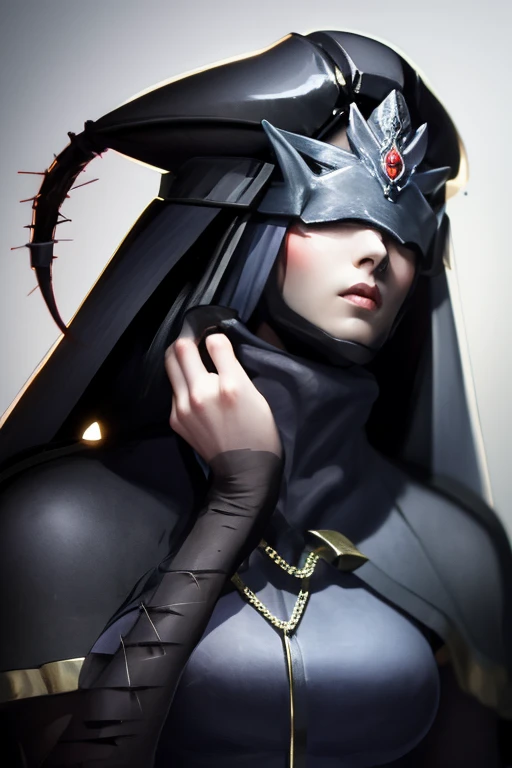 Tall woman, Black hair, Fantasy, RPG, Elf, black torn dress, broken chains on wrist, Crown of thorns, Thorns on eyes, Long hair, crown on eyes, blindfolded
