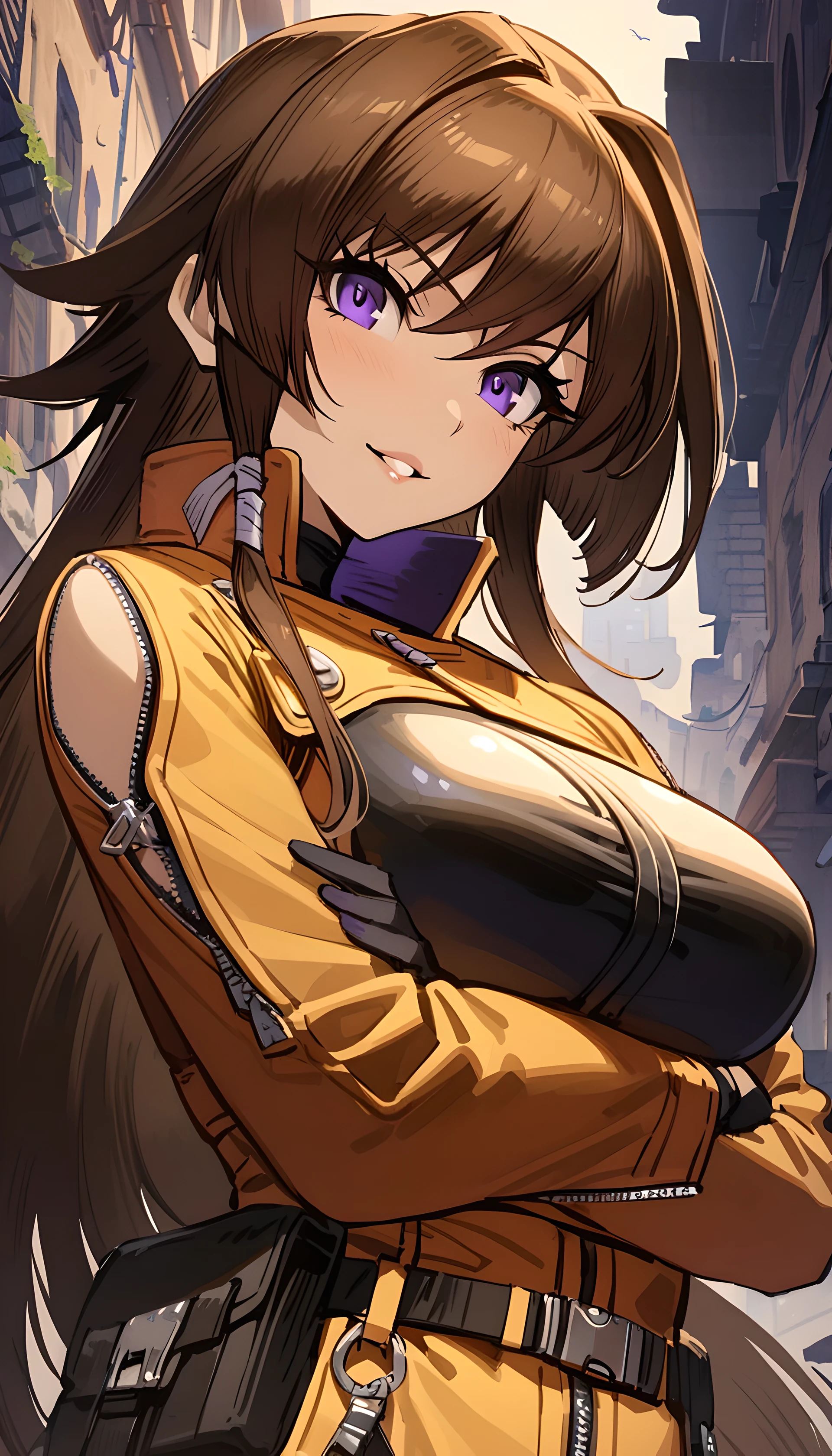 (masterpiece),(best quality),(ultra-detailed),(best illustration),(best shadow),(absurdres),(detailed background),(very aesthetic), 1girl, solo, takamura yui, brown hair, purple eyes, long hair, originaloutfit, upper body, luscious lips, large breasts, seductive smile, jacket, arms crossed, crossed arms, 