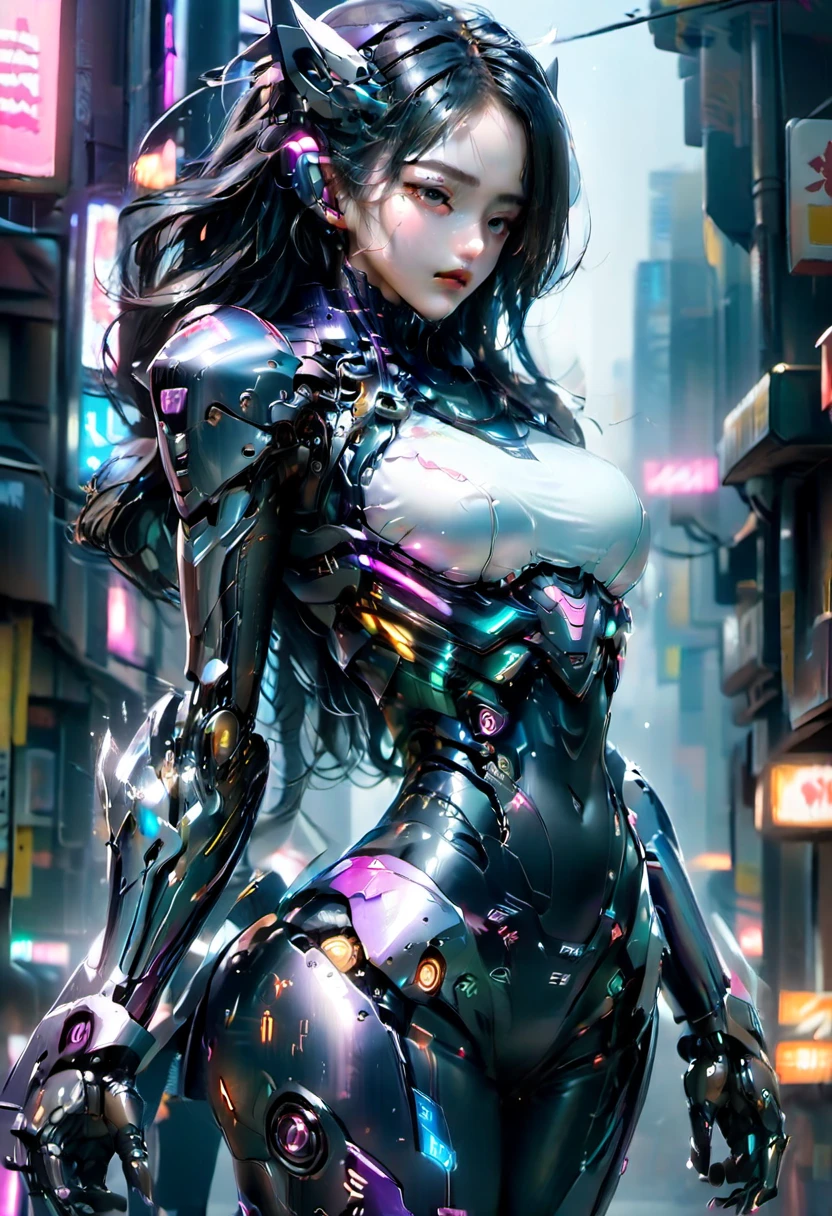 CG 8k hyper realistic detailed cyberpunk style, detailed perfect face, thin curved eyebrows, long luscious eyelashes, black eyeliner, black eye shadow, curved lips, perfect beautiful face, perfect makeup,long luscious wavy hair, perfect body, big curved breast, holographic armor, mecha cyborg arms, mecha cyborg legs, full body portrait, 