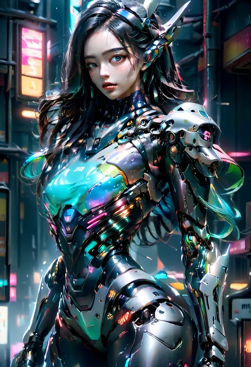 CG 8k hyper realistic detailed cyberpunk style, detailed perfect face, thin curved eyebrows, long luscious eyelashes, black eyeliner, black eye shadow, curved lips, perfect beautiful face, perfect makeup,long luscious wavy hair, perfect body, big curved breast, holographic armor, mecha cyborg arms, mecha cyborg legs, full body portrait, 