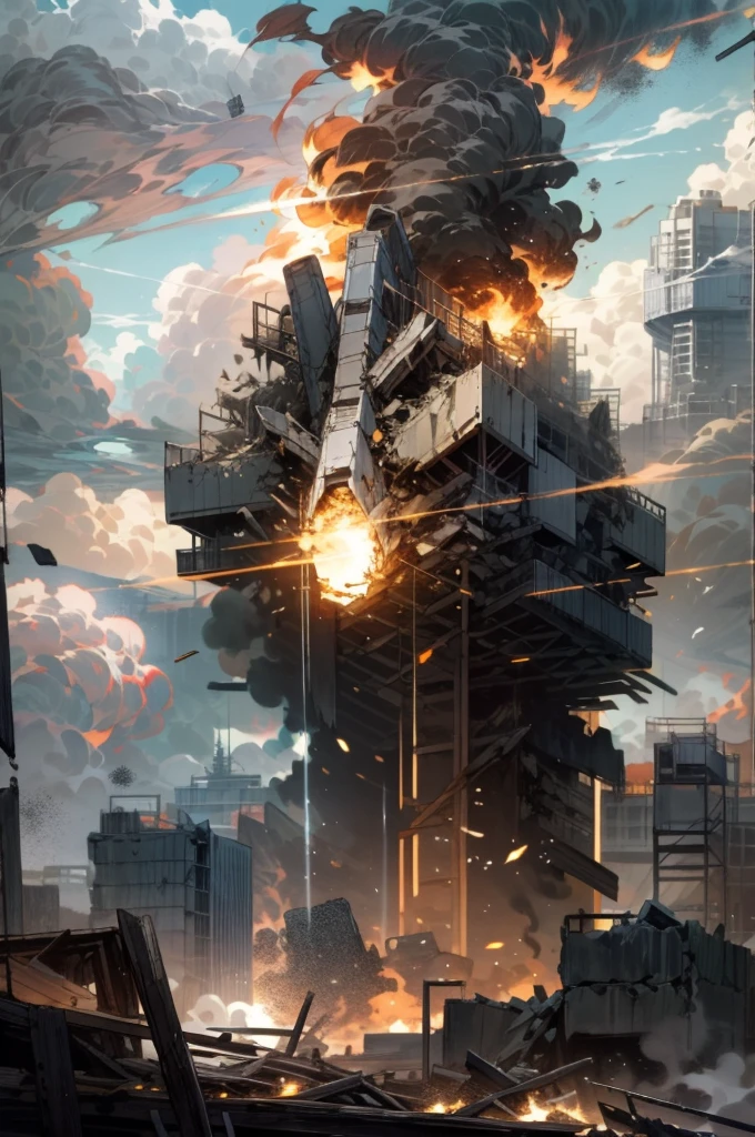 Skysky，nubes，tenencia_arma，con luz brillando，Los restos del robot.，fuego，humo de pólvora，edificio，colapsar，brillante_después，ficción científica，El fin del mundo，ciudad，realista