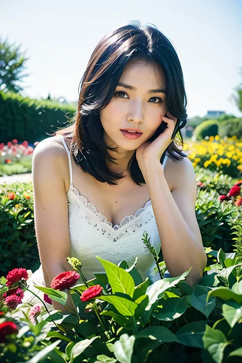 realistic photography, beautiful women. ,flower garden