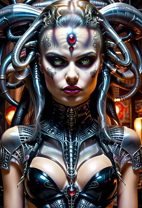 Hr giger tattooed sexy seductive dead girl, perfect face, hyper detailed ruby eyes, full body view,
