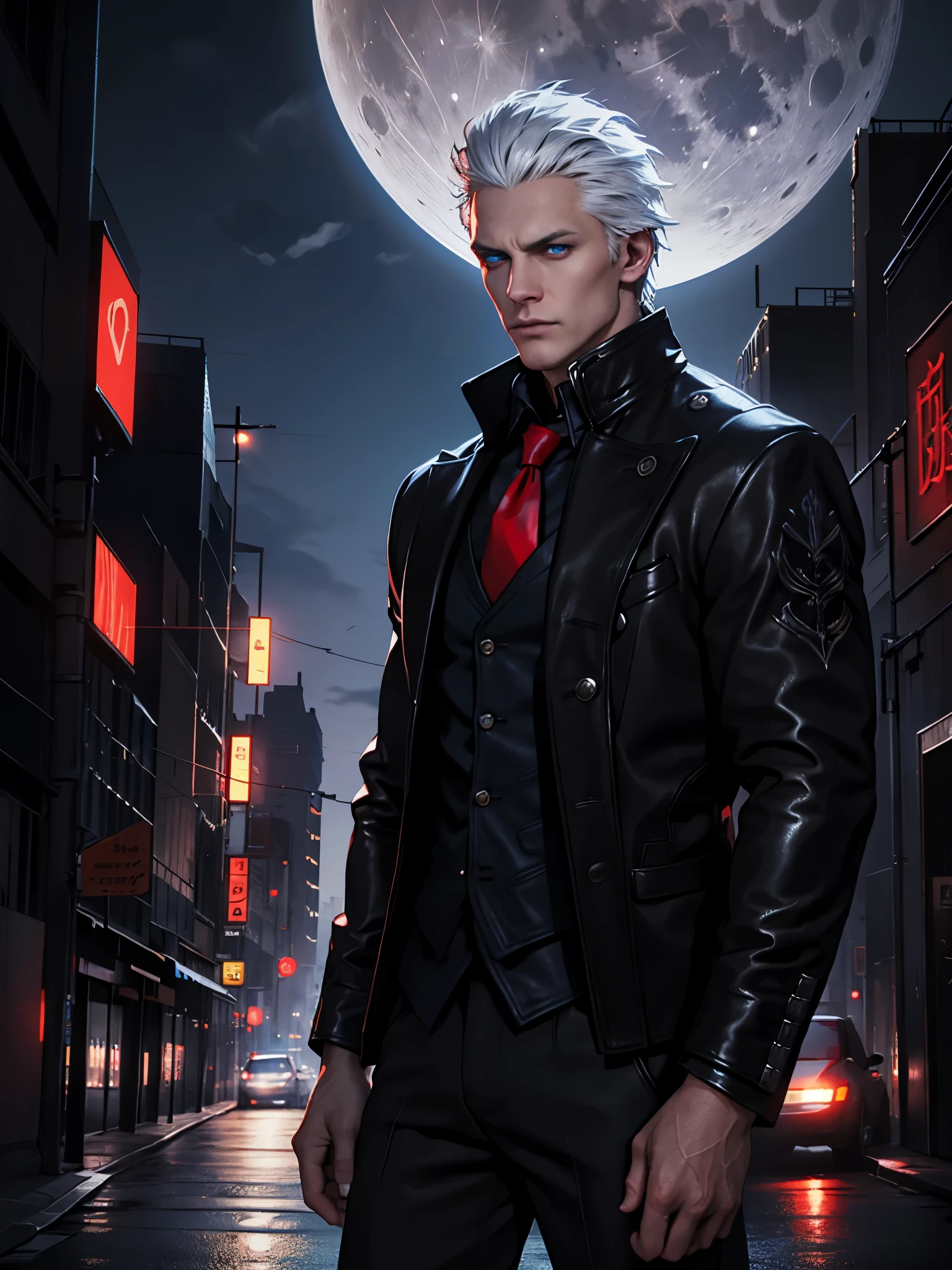 male, white hair combed back, blue eyes, black leather jacket, black shirt, red tie, red vest, detailed eye. City at night background. full moon.
