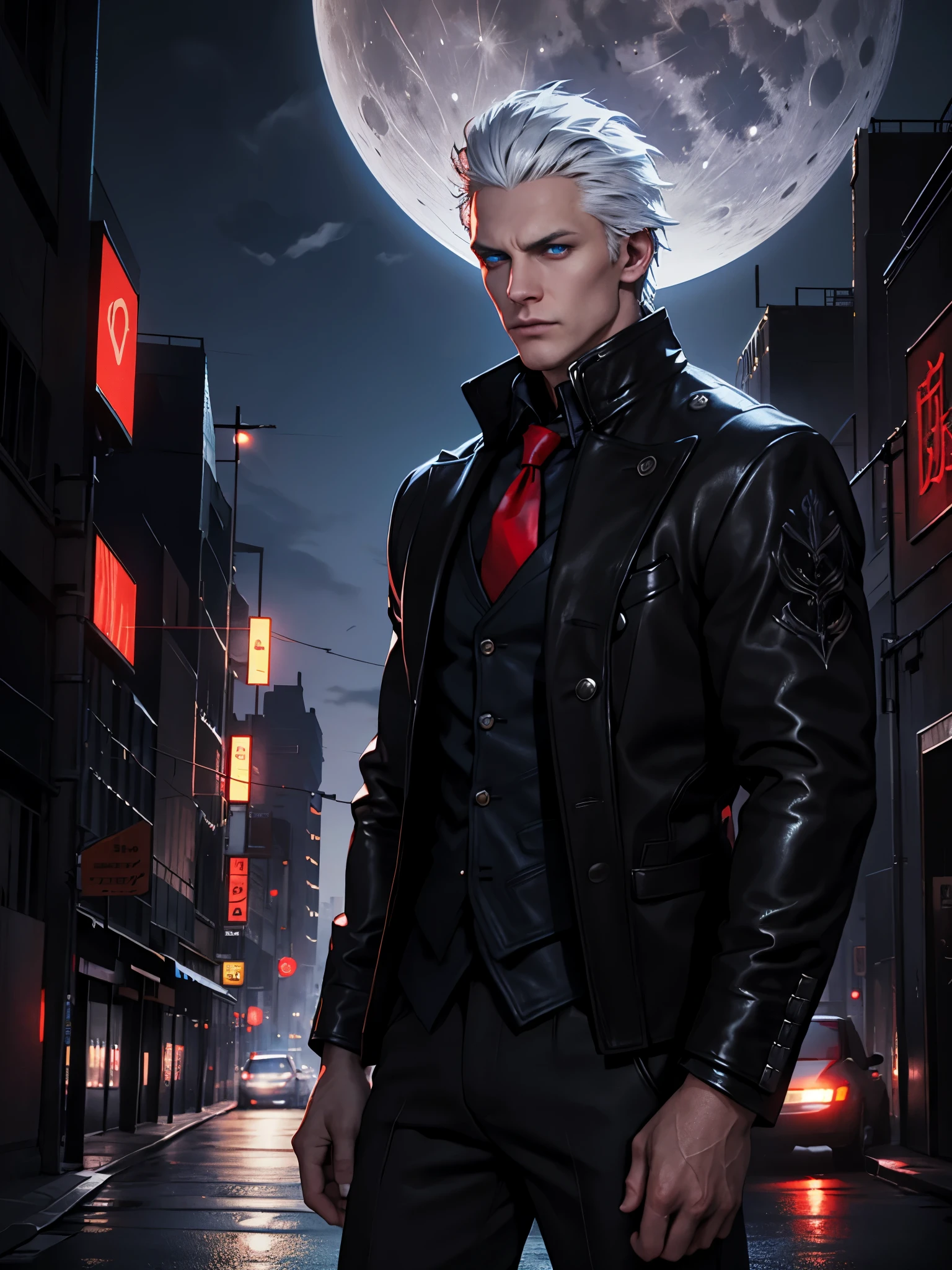 male, cabello blanco peinado hacia atrás, blue eyes, chaqueta de cuero negro, la camisa negra, corbata roja, chaleco rojo, Ojo detallado. ciudad de fondo de noche. Luna llena.