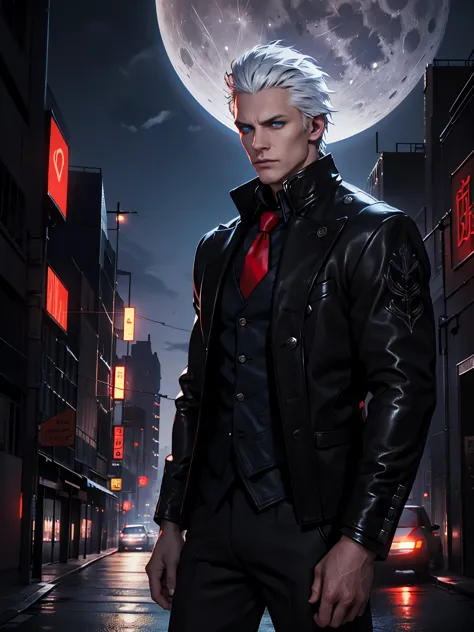 male, white hair combed back, blue eyes, black leather jacket, black shirt, red tie, red vest, detailed eye. City at night backg...