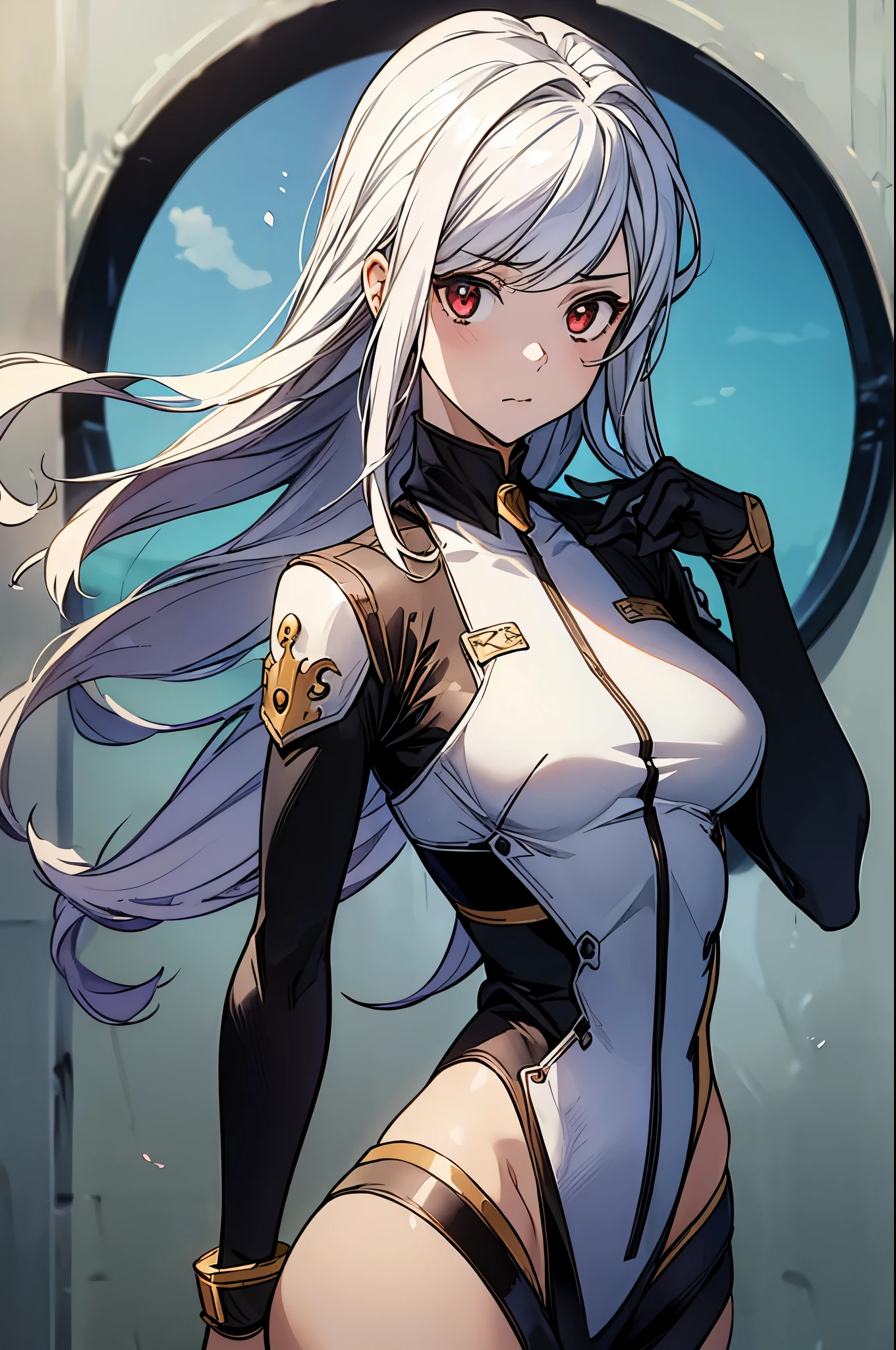 (masterpiece, best quality:1.2), expressive eyes, perfect face, highres, 1girl, solo, (female:1.5), bell cranel, long hair, white hairm red eyes, black bodysuit, armor, standing, upper body, looking at the viewer