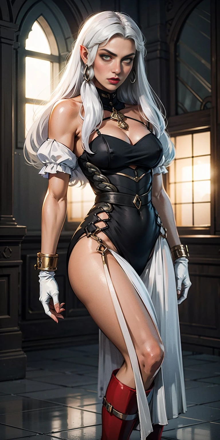 Pirotess,, (yellow eyes), white hair, silver hair, very long hair, straight hair, solo, adult woman, tall, slightly muscular, large breasted, cleavage, constricted waist, Toned body, slight abs, thin dark skin, pointy ears, lipstick, makeup, black eyeshadow,, circlet, white short dress, jewelry, bracelet, white gloves, thigh boots