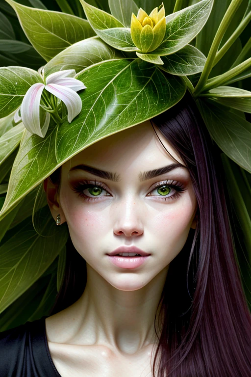 (best quality,4k,8k,highres,masterpiece:1.2),ultra-detailed,(realistic,photorealistic,photo-realistic:1.37), plant woman, very long and wavy platinum hair, beautiful detailed eyes and lips, extremely detailed face, long eyelashes, biological exoskeleton, incubated inside an exquisite translucent plant bulb, carnivorous plants, vibrant green leaves and tendrils, alien biome, lush vegetation and exotic flowers, poison jungle, toxic and vibrant colors, mysterious atmosphere, soft and ethereal lighting, immersive and lifelike 3D rendering, botanical fantasy, intricate details on the plant bulbs, lush and intricate flora, magical and dreamlike ambience, mysterious and captivating portrait, stunning contrast between the delicate features of the woman and the wild nature surrounding her, painterly style, dreamy color palette with a mix of vibrant greens and deep purples, captivating and enigmatic gaze, surreal and otherworldly experience.