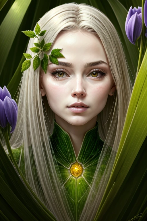 (best quality,4k,8k,highres,masterpiece:1.2),ultra-detailed,(realistic,photorealistic,photo-realistic:1.37), plant woman, very long and wavy platinum hair, beautiful detailed eyes and lips, extremely detailed face, long eyelashes, biological exoskeleton, incubated inside an exquisite translucent plant bulb, carnivorous plants, vibrant green leaves and tendrils, alien biome, lush vegetation and exotic flowers, poison jungle, toxic and vibrant colors, mysterious atmosphere, soft and ethereal lighting, immersive and lifelike 3D rendering, botanical fantasy, intricate details on the plant bulbs, lush and intricate flora, magical and dreamlike ambience, mysterious and captivating portrait, stunning contrast between the delicate features of the woman and the wild nature surrounding her, painterly style, dreamy color palette with a mix of vibrant greens and deep purples, captivating and enigmatic gaze, surreal and otherworldly experience.