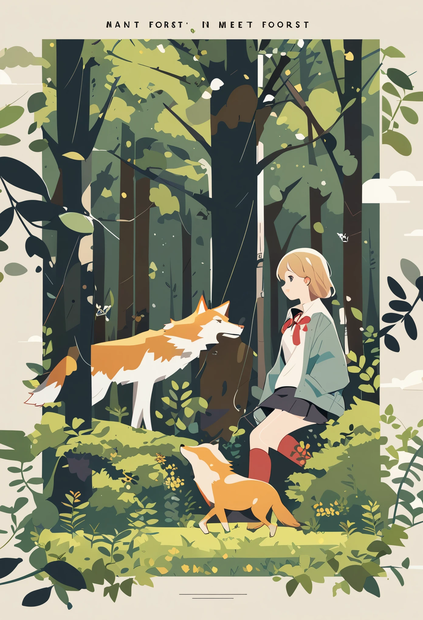 cover page, A girl and a wolf meet in the forest, flat Design, vector illustrations, graphic illustration, detailed 2d illustration, flat illustration, digital illustration, digital artwork,