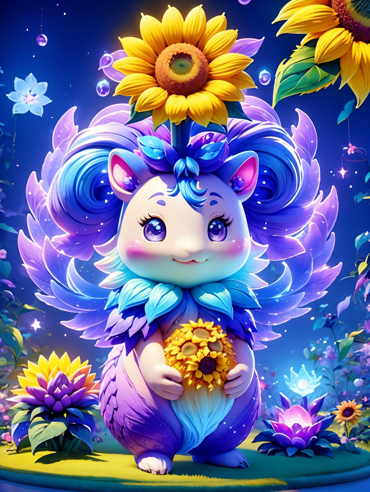 Chalk color style，(Glowing magical cute sunflower，The stamen is a cute little face)，8k，Rainbow Colors，Kawaii，cute big breasts，Digital art，high quality，Very detailed, Chalk color