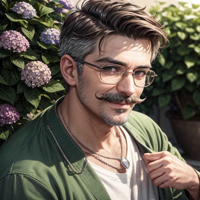 Masterpiece, best, 1male, mature man, man with mustache, glasses, tshirt,silver necklace, royal brother, smile,short hair cut, green pupils, hairpin, hydrangea, delicate face, face close-up, red jacket.