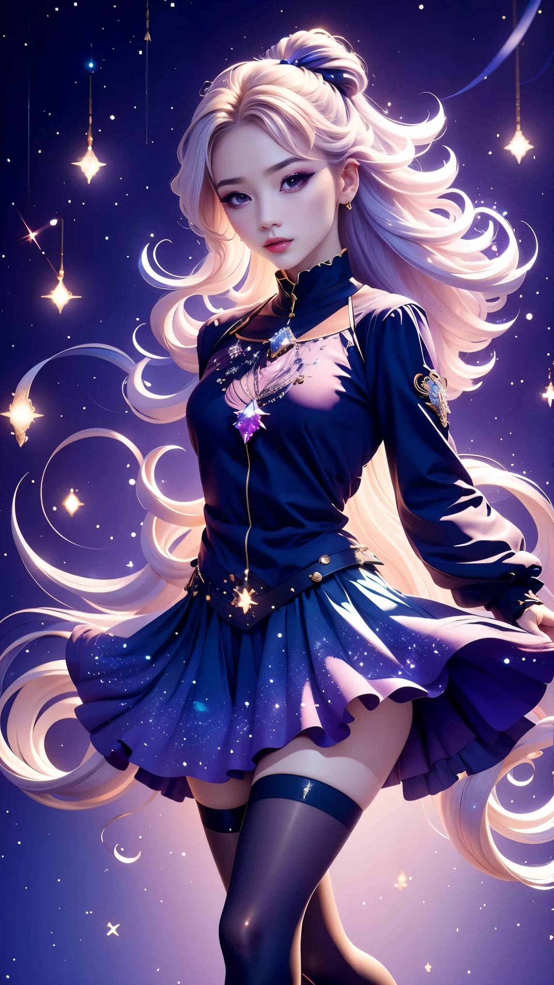 best quality, 1 Girl, Keda, Solitary,  Long hair,  skirt, Looking at the audience,  whole body, fanxing, star in skirt,Stars in hair,Pantyhose,moon on sky,Starry Sky,(Dynamic poses:1.3),(Dynamic angle:1.3),