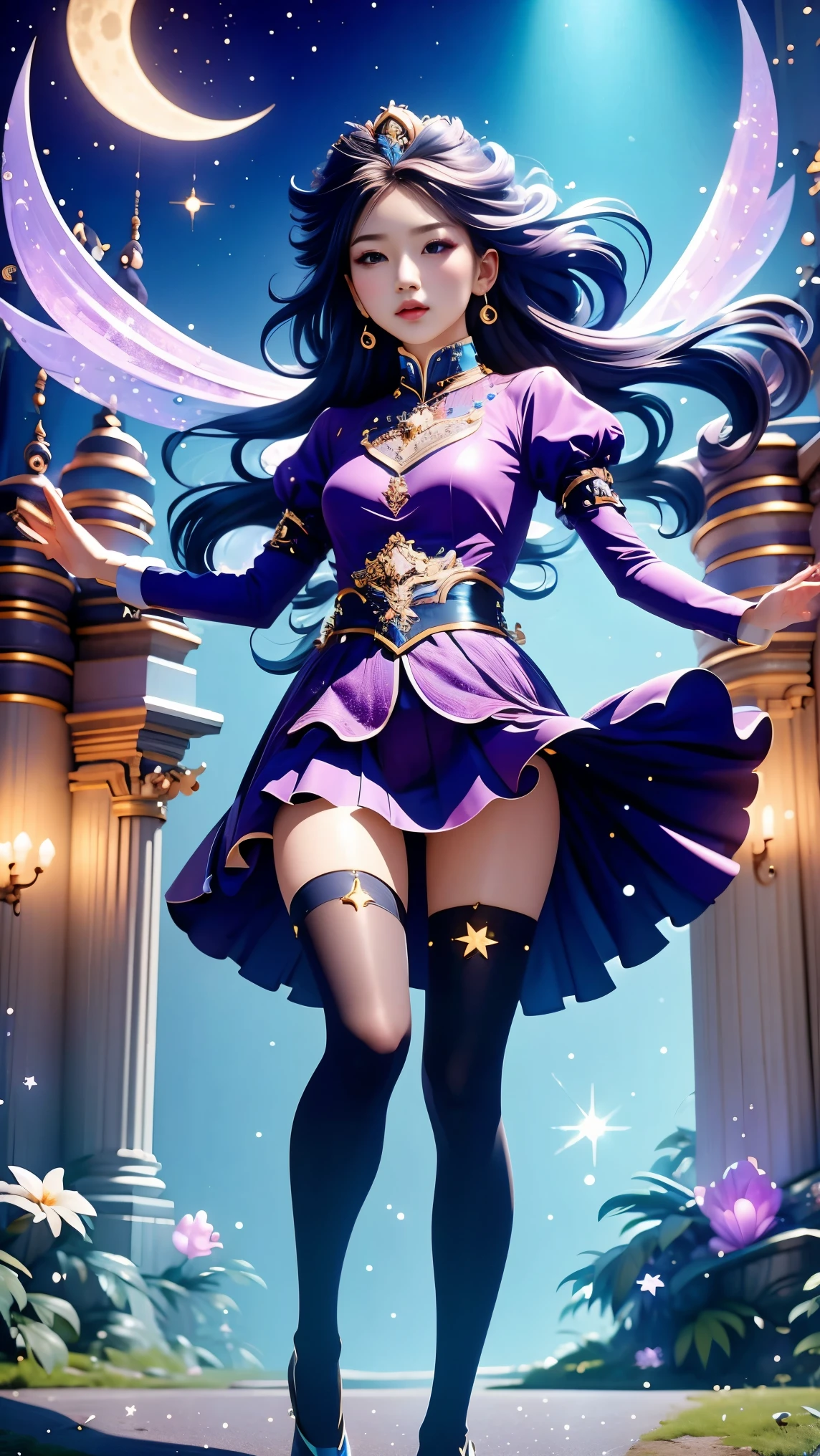 best quality, 1 Girl, Keda, Solitary,  Long hair,  skirt, Looking at the audience,  whole body, fanxing, star in skirt,Stars in hair,Pantyhose,moon on sky,Starry Sky,(Dynamic poses:1.3),(Dynamic angle:1.3),