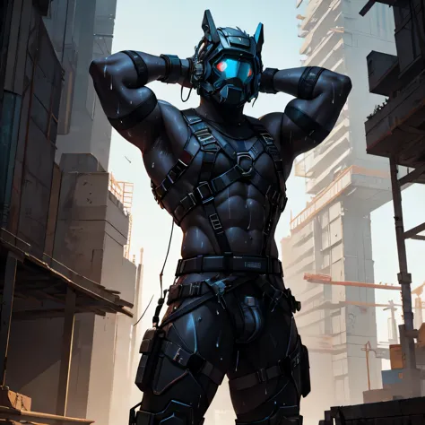 male, muscular, full nude, only harness, only glowing cyberpunk future helmet, only chastity belt, sweating, construction site, ...