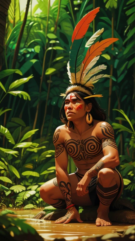 Arte em quadrinhos, pintura digital. An indigenous shaman, native with feathers and feathers on his head, Amazonian indigenous peoples in Brazil, brasileiro nativo, pintar o rosto, corpo inteiro, corpo detalhado, Indigenous tattoos, warrior position, Hunter, corpo quente, Yanomami Indian in typical costumes,alta qualidade. Amazon rainforest and river bottom. cores vivas, cinematic lighting. detalhado, intrincado, detalhado face.