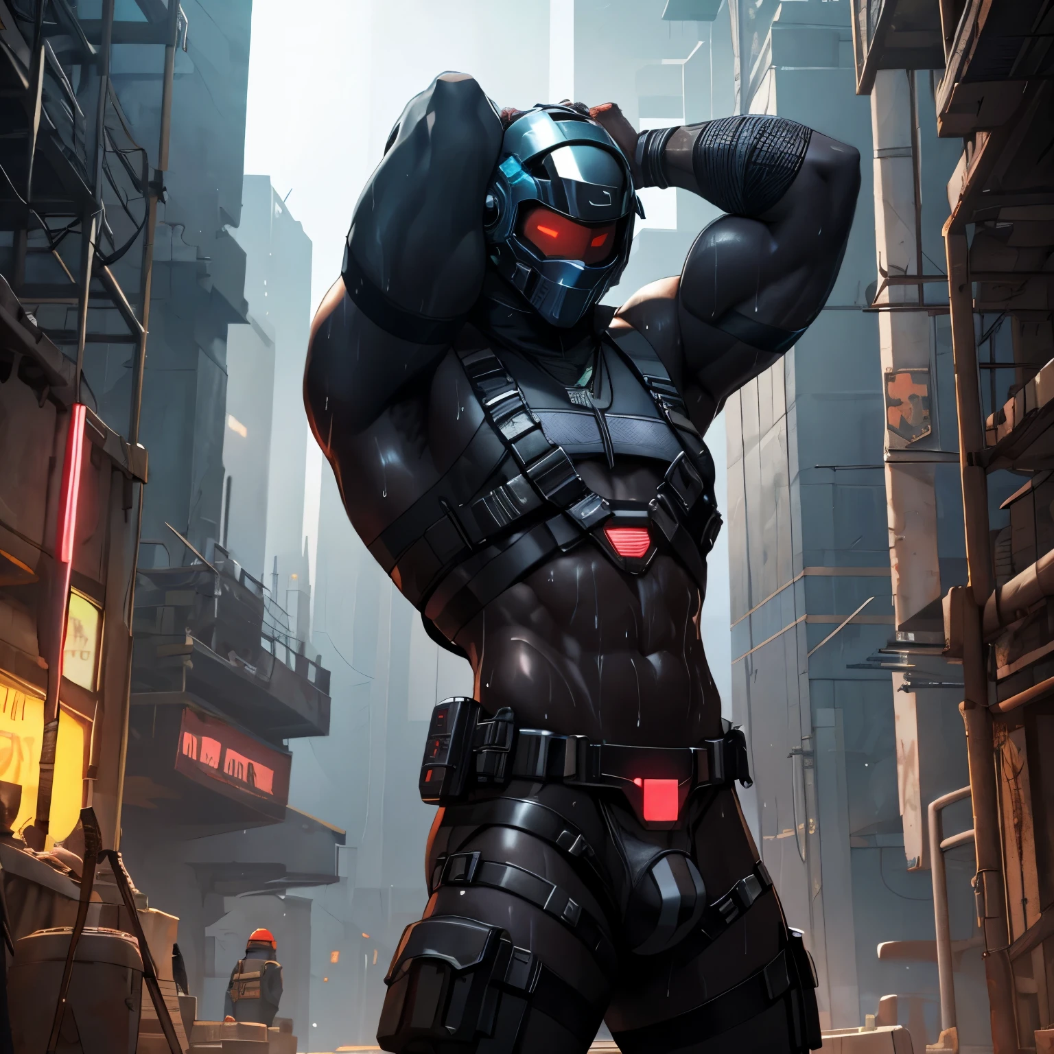macho, muscular, nu completo, apenas arnês, único capacete brilhante do futuro cyberpunk, apenas cinto de castidade, suando, Local de construção, sêmen coberto, mãos atrás da cabeça,realista,