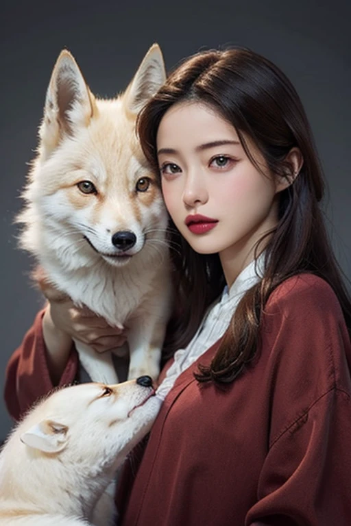 Beautiful woman with red eyes posing for elegant photo with white giant fox, arpino,Gray Hair,Face to face, Ultra-realistic, Clear images