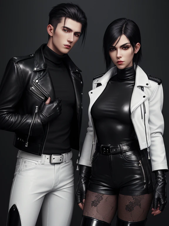 Final Fantasy-style graphics, young, Cute and cool Japanese boys and girls, Both have thin eyebrows and large eyes,  Both are wearing shiny white single-breasted leather jackets.。..。Biker style leather jacket、 with epaulettes,  The jacket is zipped up, The jacket pockets are black., The jacket has a high stand-up collar with a belt,They are both wearing black turtlenecks.., The man is wearing black leather pants、The girl is wearing black leather shorts and black pantyhose., Both of them are wearing thin black leather gloves.., The man was wearing long black leather lace-up boots.,、The girl is wearing black leather knee-high boots.、 Please show me your whole body, From head to toe., Final Fantasy Style、((Handsome))、((Beauty))、((Man and woman couple))、((Clear eyes and nose))、((Shiny white single leather jacket))、((Both jackets must be white.))((The jacket has epaulettes))、((The jacket has a high stand-up collar and a belt.))、((The jacket has a black pocket))、((Black turtleneck shirt))、((Man in shiny black leather pants))、((She&#39;s wearing shiny black leather shorts))、((Shiny black leather gloves on both handen&#39;s black lace-up leather long boots))、((The woman is wearing knee-high leather boots))、((Woman wearing black pantyhose))、((View the whole body image from a distance))、Realistic image quality and texture、In a small cell、close your eyes、Has a gentle smile、((The jacket is closed with a zipper))、((Neither of them have exposed skin below the neck.))、((The two stand side by side))、