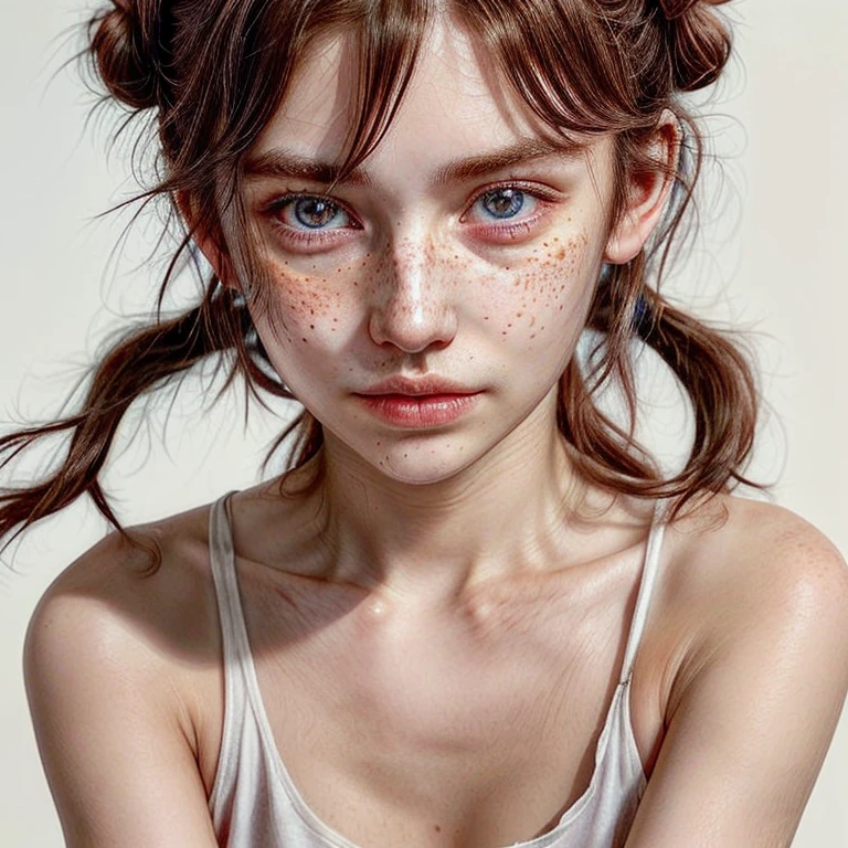 1girl, idol, close-up, collarbone,  ,, photo, film, depth of field, skin texture, t-shirt, rubber band, topknot, long hair, messy hair, freckles,