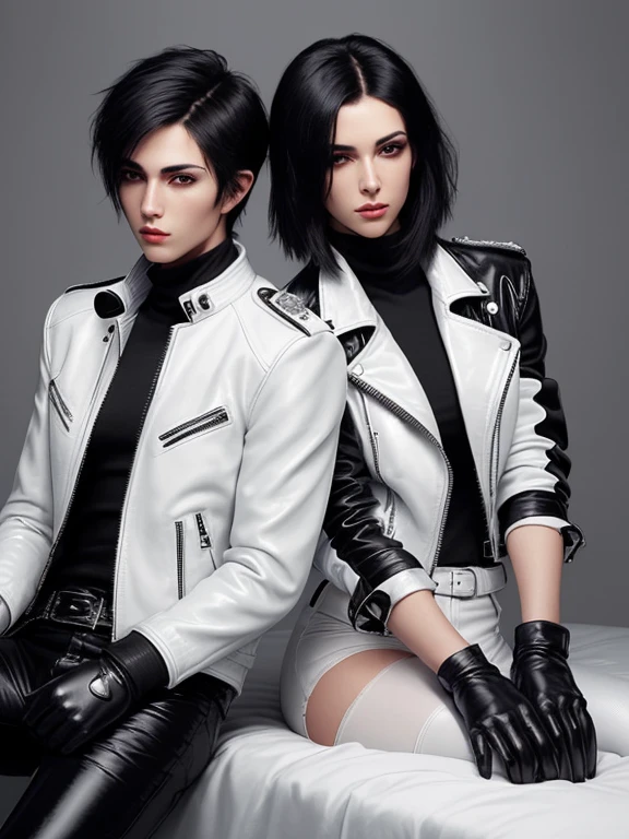 Final Fantasy-style graphics, young, Two cute and cool Japanese boys, Thin eyebrows and big eyes,  They are both wearing shiny white single-breasted leather jackets..。Biker style leather jacket、 with epaulettes,  The jacket is zipped up, The jacket pockets are black., The jacket has a high stand-up collar with a belt,They both also wore black turtlenecks., They both wore black leather pants., Both of them were wearing thin black leather gloves., They both wore black leather knee-high lace-up boots., Please show us your whole bodies, both of you, from head to toe., Final Fantasy Style、((Two handsome guys))、((Clear eyes and nose))、((Shiny white single leather jacket))、((The jacket must be white))((The jacket has epaulettes))、((The jacket has a high stand-up collar and is belted.))、((The jacket has a black pocket))、((Black turtleneck shirt))、((Shiny black leather pants))、((Shiny black leather gloves on both hands))、((Black lace-up leather long boots))、((Both of them are dressed exactly the same))、((View a head-to-toe image in the distance))、Realistic image quality and texture、In a small cell、close your eyes、Has a gentle smile、((The jacket is closed with a zipper))、((No exposed skin below the neck))、((Sitting on the bed))、((The two of them huddled together))