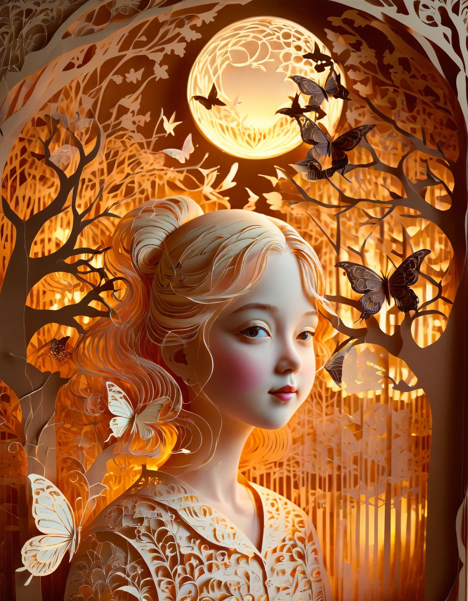 ((((masterpiece))), best quality, illustrations, beautiful details glow,
paper_cut, girl face details clear to the camera, tree, moon, butterfly，Xill