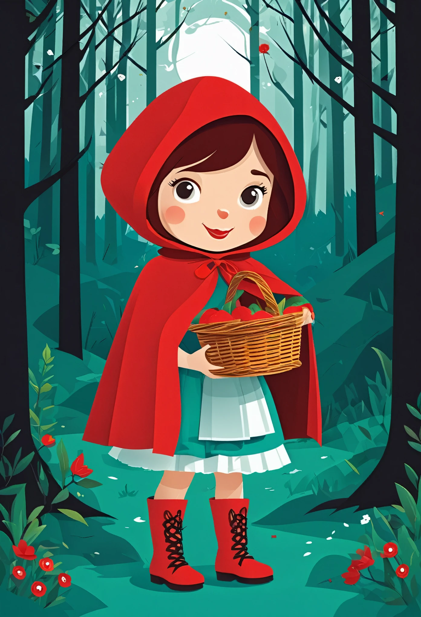 Little red riding hood girl with basket of apples in forest - SeaArt AI