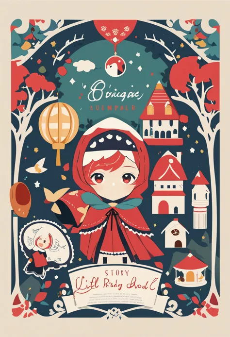 postcard design, story of Little Red Riding Hood, flat Design, vector illustrations, graphic illustration, detailed 2d illustration, flat illustration, digital illustration, digital artwork,