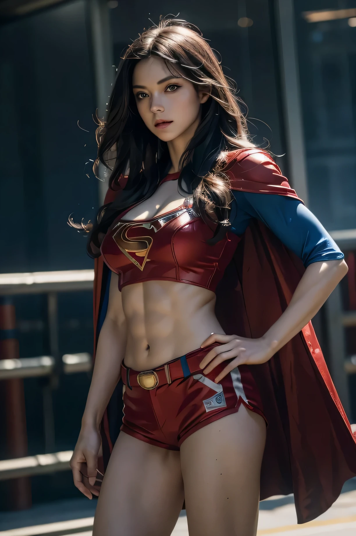 masterpiece, best quality, 1girl, in superman outfit (short shorts), extra long red cape, athletic, cleavage, long blue hair, abs, fit, thin legs, action pose, dramatic back lighting, sharp focus, depth of field, shiny skin, blue eyes, complex detail, dark background with red spotlight