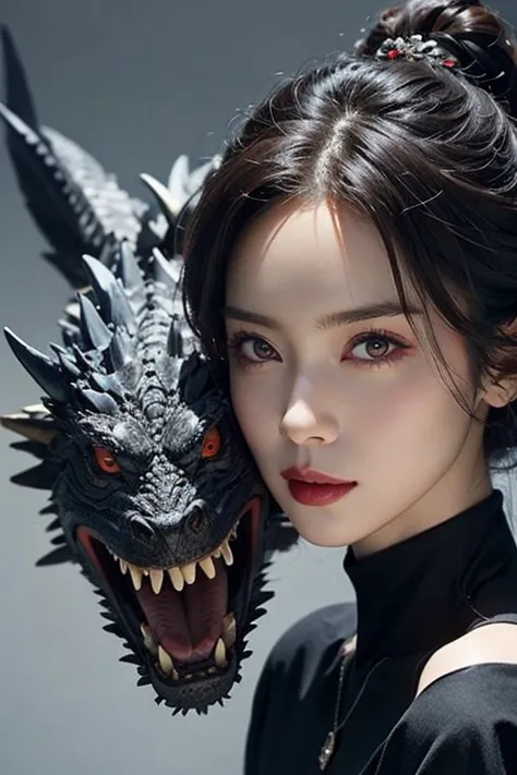 beautiful woman with red eyes posing for elegant photo with black giant dragon, arpino,gray hair,face to face, ultra-realistic, ...