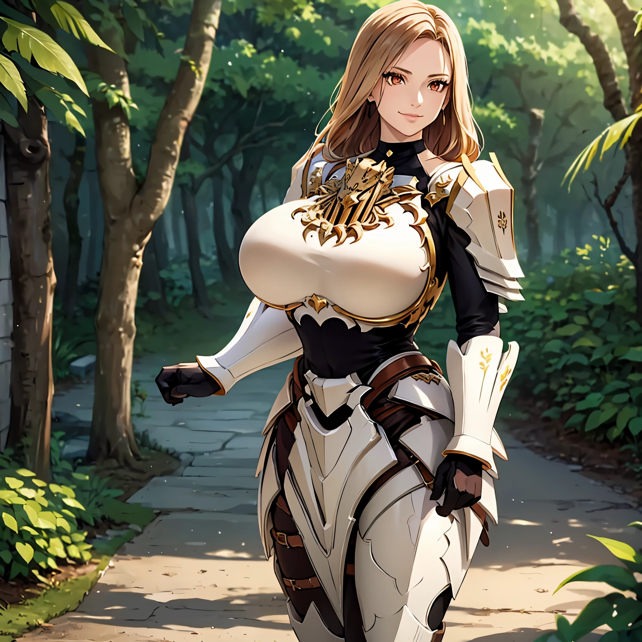 a woman wearing very heavy white armor with gold trim, wearing a dark brown hunting suit, squeezing, long beige hair, orange eyes, smiling, big breasts, in a fantasy forest, walking on a concrete walkway, holding a shield,HDR, masterpiece, well defined, ultra resolution, high quality, 8k HD. (just a woman, solo)
