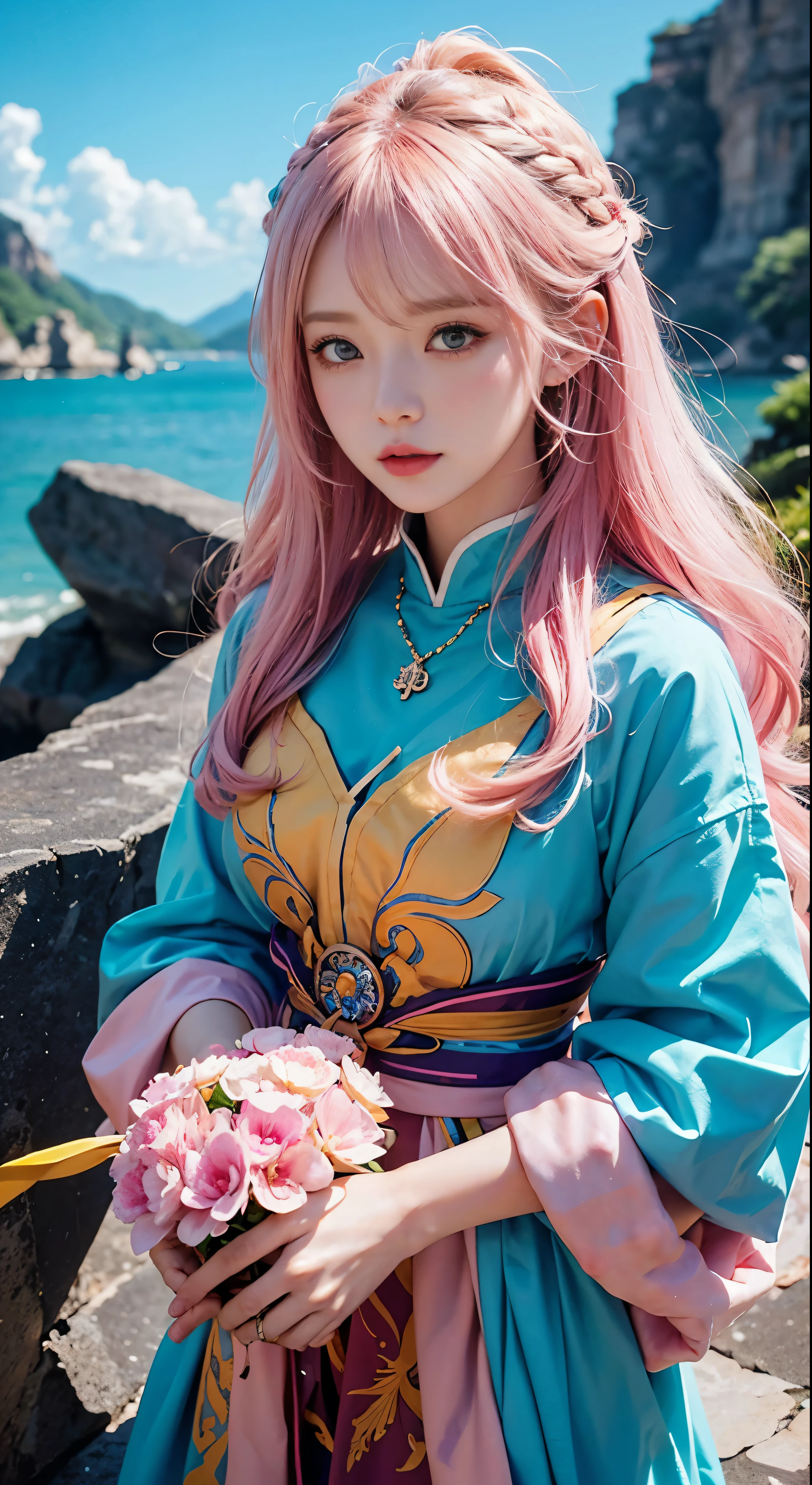 Close-up of a woman with colorful hair and necklace、Anime girl with space hair、The soft vitality of Rossdraws、Gouvez style artwork、Fantasy art style、colorful]、Vibrant fantasy style、Vibrant Rossdraws cartoons、Cosmic and colorful、Guweiz、Colorful digital fantasy art、Stunning art style、Beautiful anime style、White skin、Subtleties