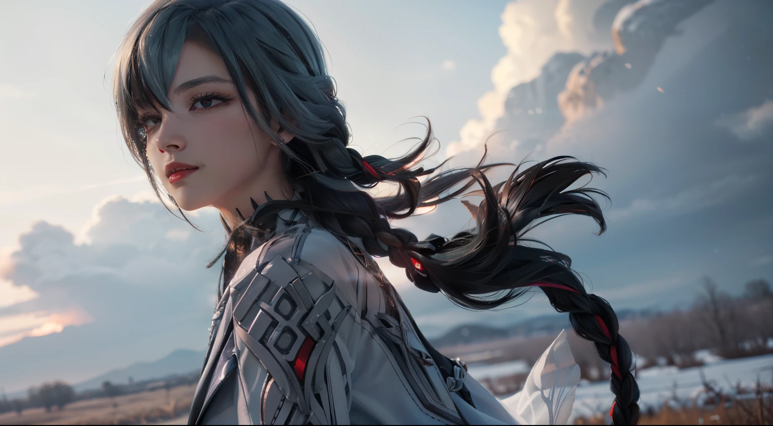 shenhedef, upper body, seductive look, blush, outdoors, snowflake scenery, looking at viewer, cloudy, moody lighting, (perfect detail eyes:1.2), glowing eyes, (long hair one braid:1.2), elemental skill effect, (Masterpiece, Best Quality, High Quality:1.4), professional artwork, Intricate Details, field of view, sharp focus, detailed painting, photorealistic lighting, trending on pixiv, (vivid lighting, vibrant colors:1.05), realistic shadows, ambient occlusion, (athletic body:1.3), mature woman, 30yo,